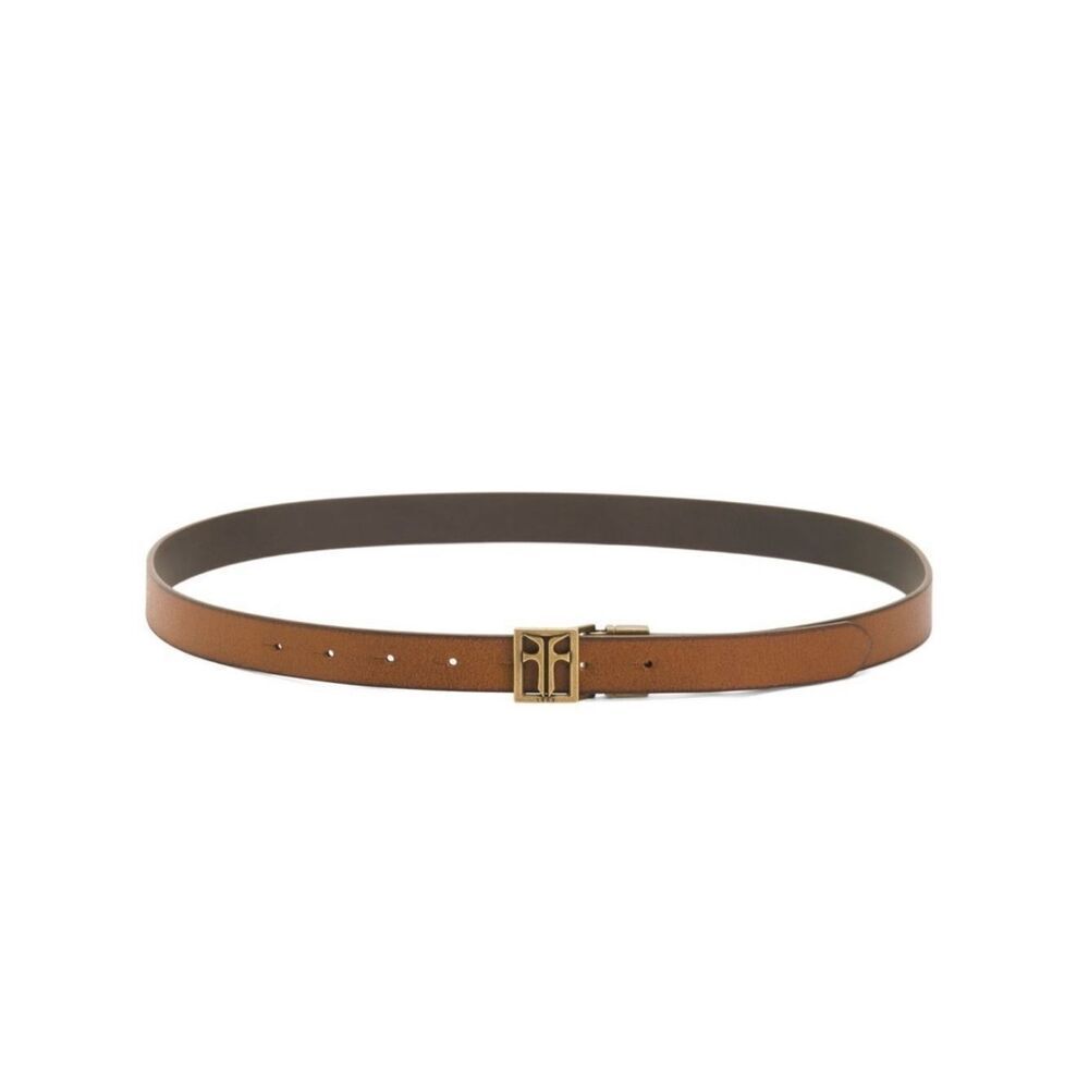 FRYE L Tan Brown Reversible Twist Gold Tone Hardware Pin Hole Leather Belt